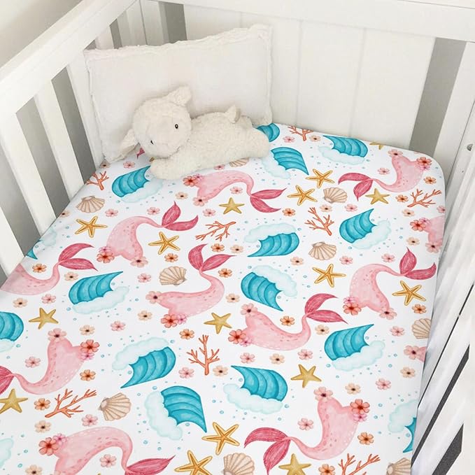 Colorful Nautical Life Baby Crib Sheets 52''x28'' Mermaids Starfish Conch Coral Wave Fitted Crib Mattress Cover for Boy Girl Sea Ocean Animal Nursery Bed Sheets for Standard Crib and Toddler Mattress