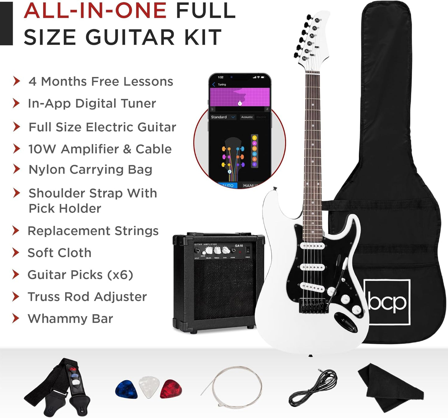 Best Choice Products 39in Full Size Beginner Electric Guitar Starter Kit w/Case, Strap, 10W Amp, Strings, Pick, Tremolo Bar - Glacier White