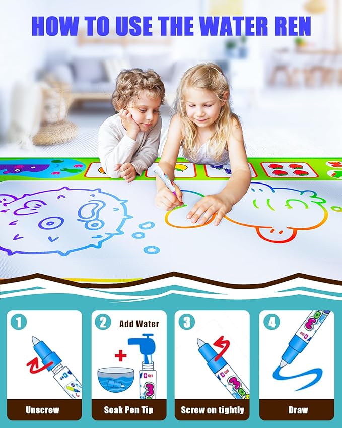 2 in 1 Water Doodle Mat,60 x 40 Inch Extra Large Drawing Mat with Backpack,Hopscotch Rug Design on Back,Educational Toys Gifts for Kids Boys Girls,Mess Free Painting for Toddlers Age 3-12 Year Old