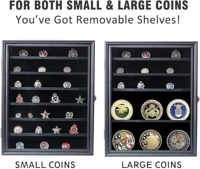 Military Challenge Coin Medals Pins Collector Display Case Lockable Wall Frame Wood Cabinet Black Shadow Box with Removable Shelves and Pinnable Background for Badges Patches Insignia Ribbons Brooches