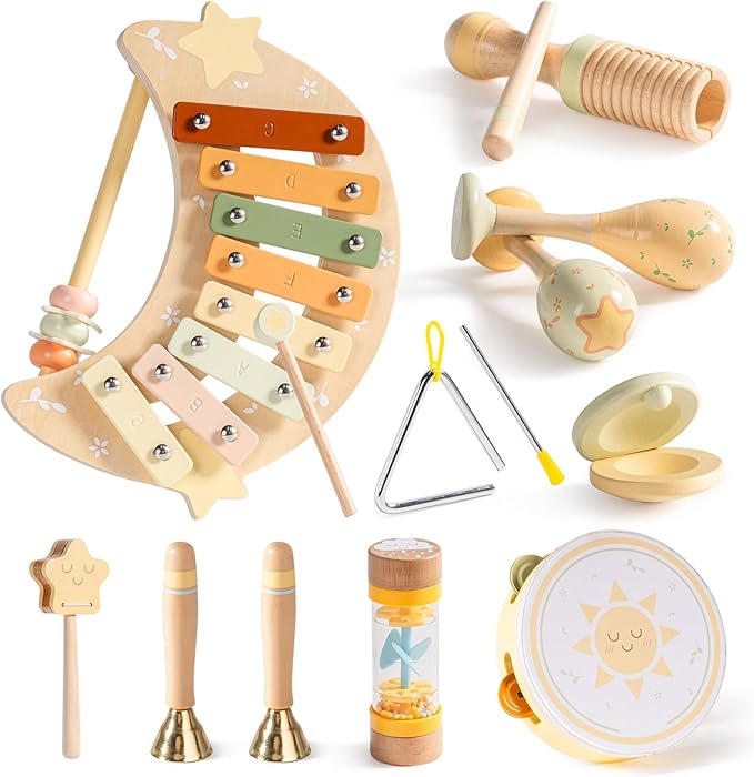 ROBOTIME Baby Musical Instruments Set, 11 PCS Wooden Toddler Musical Toys with Xylophone Percussion Instruments, Montessori Musical Toys for Preschool Kids Girls Boys
