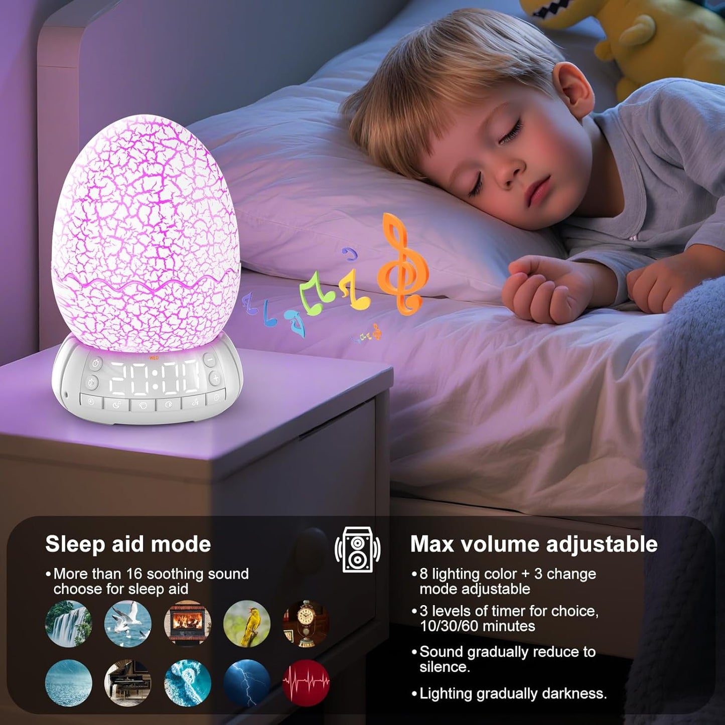 Dinosaur Alarm Clock with Wake Up Light, Digital Clock on Desk + 8 Colors Night Light + 20 Sleep Training Sound + Bluetooth Speaker All in 1 for Kids/Boys/Girls/Adult (Dinosaur)