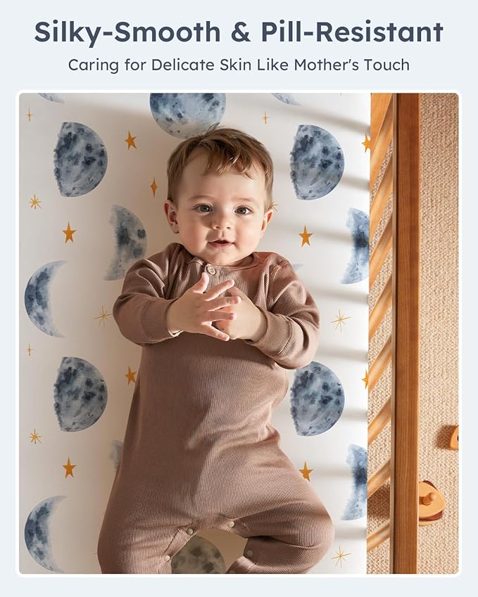 Baby Crib Sheets for Boys Girls, 28x52x8in Fitted Crib Sheet Neutral 3 Pack for Standard Crib and Toddler Mattress, Breathable Soft Microfiber Baby Sheet Grey & Blue Moon