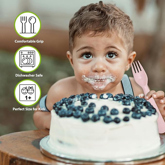 12 Pcs Kids Spoons and Forks Toddler Utensils Plastics Reusable Silverware Baby Cutlery Set Feeding Dinnerware Utensils BPA Free Microwave Dishwasher and Freezer Safe- Pink