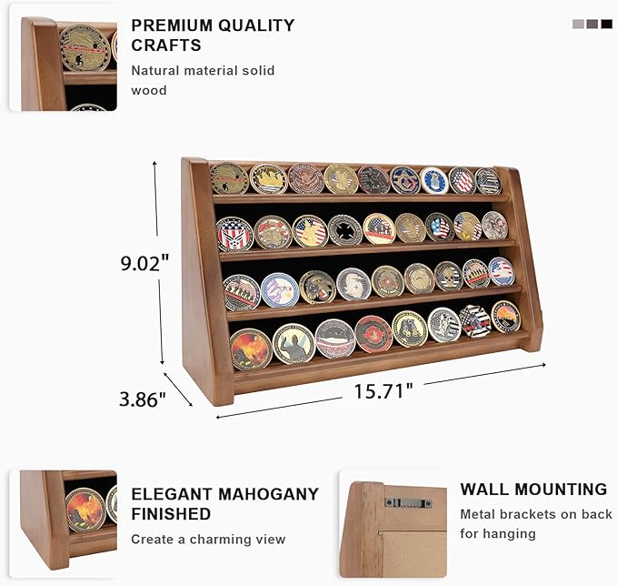 4 Rows Military Challenge Coin Holder Display Holds 32 Coins, Solid Wood Army Coin Rack Display Case Stand for Wall Mount or Tabletop, Walnut