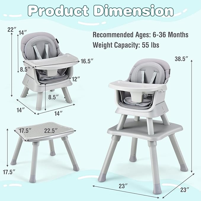 KOTEK Baby High Chair, 8 in 1 Convertible Highchairs for Babies and Toddlers, Building Block Table, Booster Seat, Toddler Chair with Removable Tray, Safety Harness, Dual Cushions (Gray)