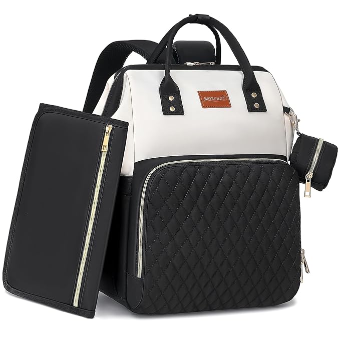 Baby Diaper Bag Backpack with Changing Pad, Pacifier Case, for Boy Girl Toddler - Large, Stylish, Waterproof Travel Quilted Diaper Bag for Mom - Black/White