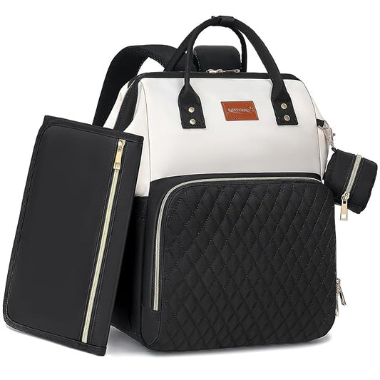 Baby Diaper Bag Backpack with Changing Pad, Pacifier Case, for Boy Girl Toddler - Large, Stylish, Waterproof Travel Quilted Diaper Bag for Mom - Black/White
