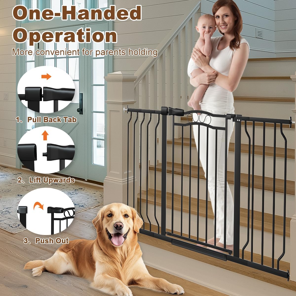 29.5-53.1" Extra Wide Baby Gate for Stairs No Drilling, 30" Tall Auto Close Press Mounted Baby Gate for Doorways, Adjustable Width Walk Through Dog Gates for Doorways, Black