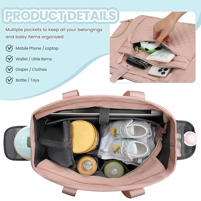 Diaper Bag Tote for Working Mom, Large Travel Diaper Tote for Mom and Dad with 14 Inch Laptop Sleeve, Mommy Maternity Travel Baby Bag for Boys and Girls, Pink