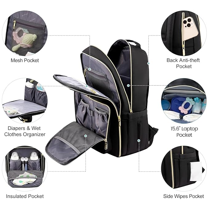 LOVEVOOK Diaper Bag Backpack, Quilted Baby Bag with Changing Pad & Pacifier Holder, Waterproof Travel Diaper Bags for Baby Boys Girls, Stylish and Large Capacity, Lozenge-Black