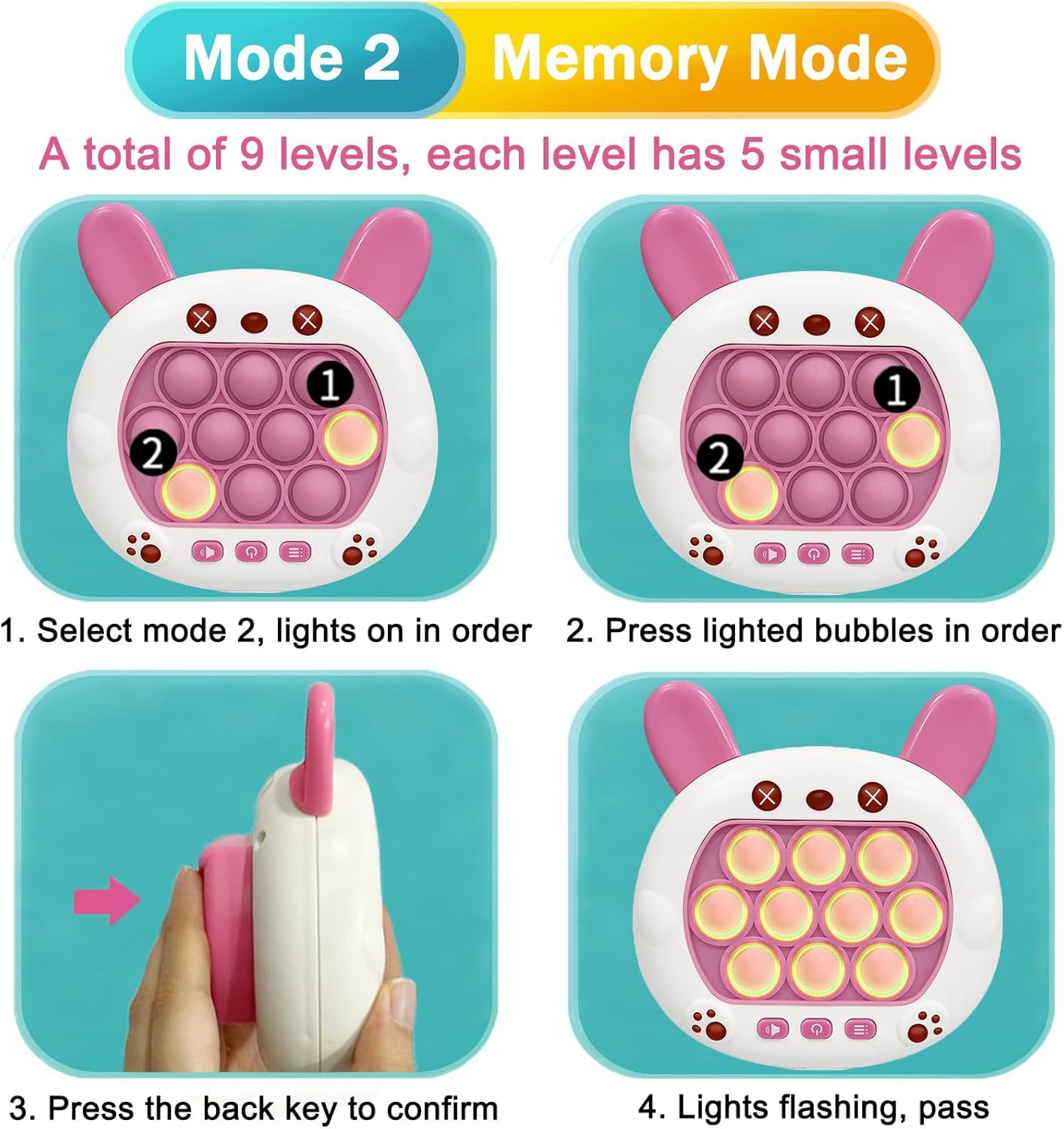 Pop Quick Push Game Console Fidget Toys Light Up Handheld Puzzle Press Popping Toy for Kids Adult Cute Rabbit