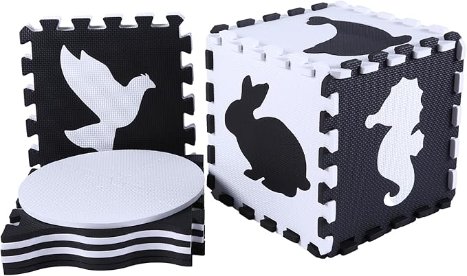 Foam Play Mat for Kids，25Pcs Square Interlocking Puzzle Floor Mat，Baby Play Mat Floor Mat Foam Puzzle Playmat for Toddlers with Fence - Black Animals