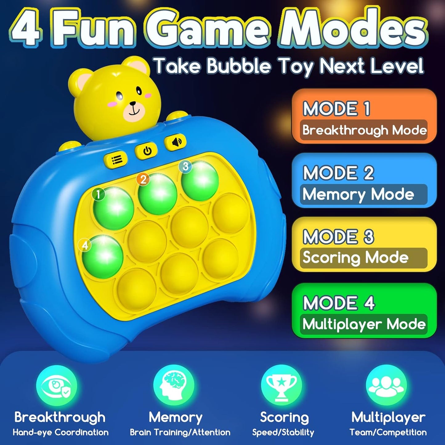 Pop It Game Light Up Fidget Toys , Handheld Games for Kids, Quick Push Bubbles Game Console, Autism Sensory Toys Birthday Gifts for Old Boys Girls Kids Teens