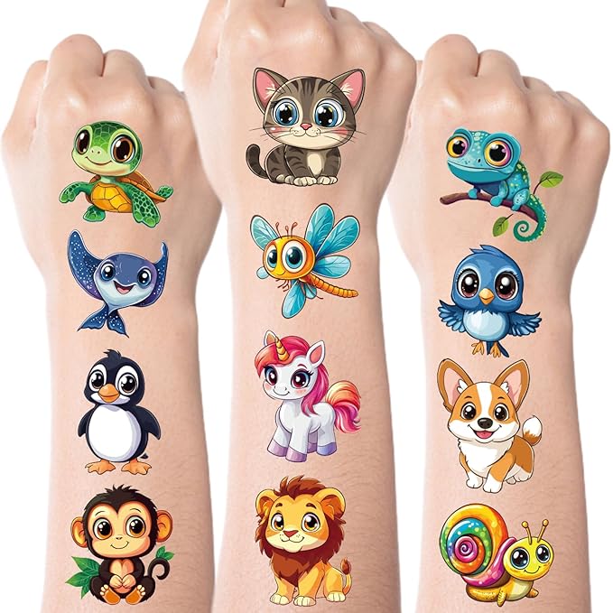 JCFIRE Larger Temporary Tattoos For Kids, 102 Styles Mixed Cute Animals Stickers Birthday Party Favors for Kids 3-5 4-8, Goodie Bag Stuffers Party Supplies Decoration Gifts Activities Games Christmas