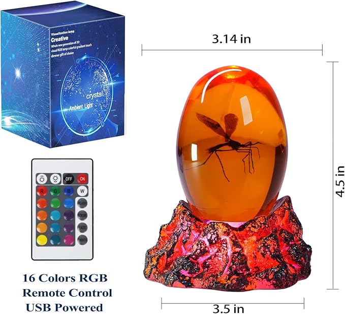 Jurassic 3D Mosquito in Amber Resin, Mosquito Resin with Volcanic Lava Lamp Base with Remote 16 Colors Flshing RGB Dimmmable, True 3D 3.3 Inches Tall Dinosaur DNA Replica Paper Weight Gifts