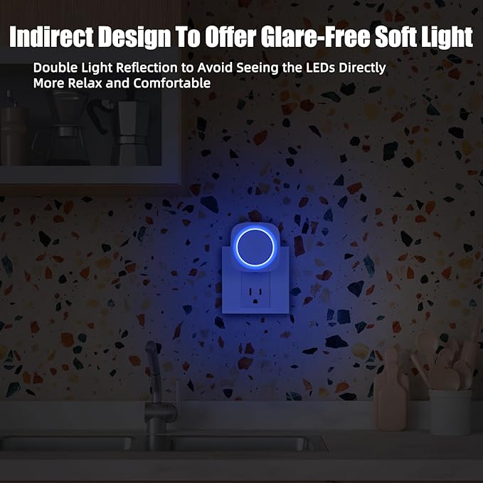 Blue Night Lights Plug into Wall, 4 Packs Dimmable Night Light with Dust to Dawn Sensor, Automatically Turn on and Off, Gentle Glow Nightlight for Bathroom,Bedroom,Stairs,Kitchen,Hallway, Blue