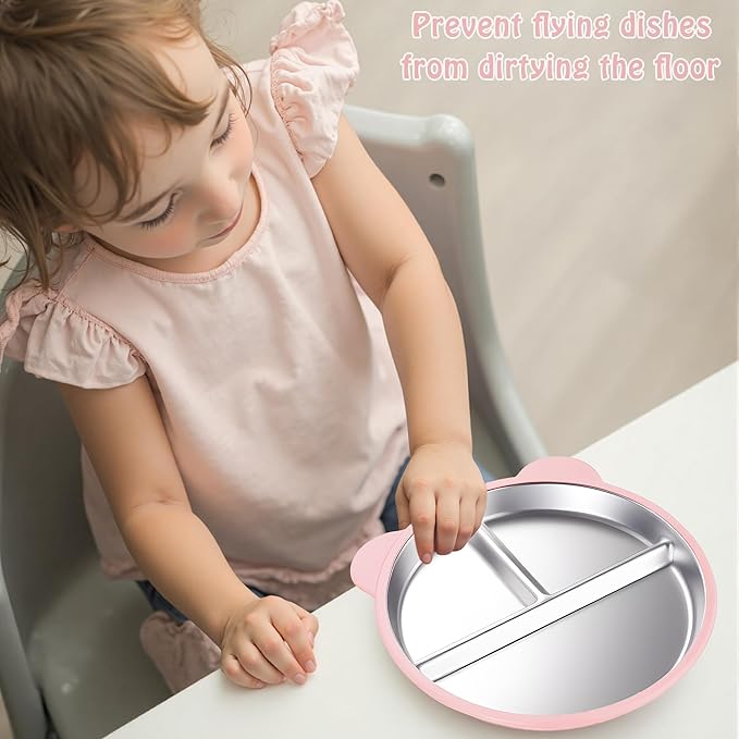 Stainless Steel Kids Plate with Suction Set of 2, 9″ Toddler Divided Plates with Removable Non Slip Silicone Sleeves, Baby Snack Dishes, Non Toxic and BPA Free, Light Pink & Baby Blue