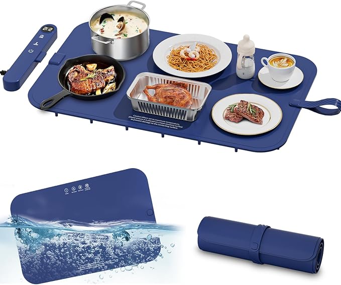 Upgrade Graphene Food Warming Mat - Full Surface Rapid Heating Electric Warming Tray for Countertop, Waterproof Food Warmers for Parties Buffet with 6 Temp Modes, Gifts for Mom (Blue)
