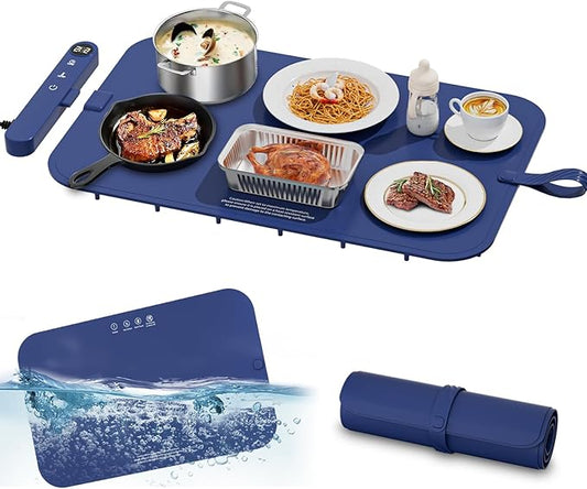 Upgrade Graphene Food Warming Mat - Full Surface Rapid Heating Electric Warming Tray for Countertop, Waterproof Food Warmers for Parties Buffet with 6 Temp Modes, Gifts for Mom (Blue)