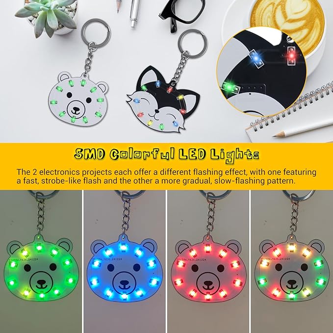 2 PCS Soldering Learning Kit, ICSTATION Fox and Bear Keychain Soldering Project with SMD LED Flashing Lights Cute Halloween Present Soldering Practice Kit for Diyers Student Teaching and Learning