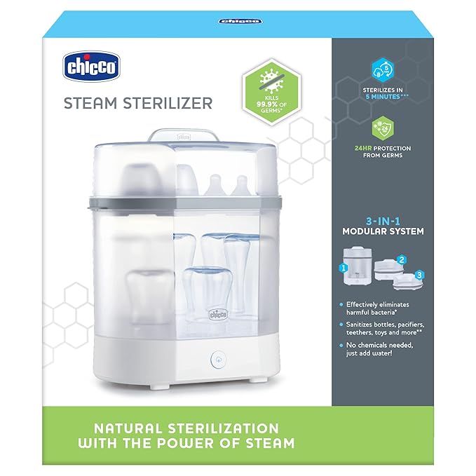 Chicco 3-in-1 Modular Electric Steam Sterilizer for Baby Bottles, Feeding Accessories, and More | Eliminates 99.9% of Germs | 3 Configurations | Automatic Shut-Off and Quiet Operation