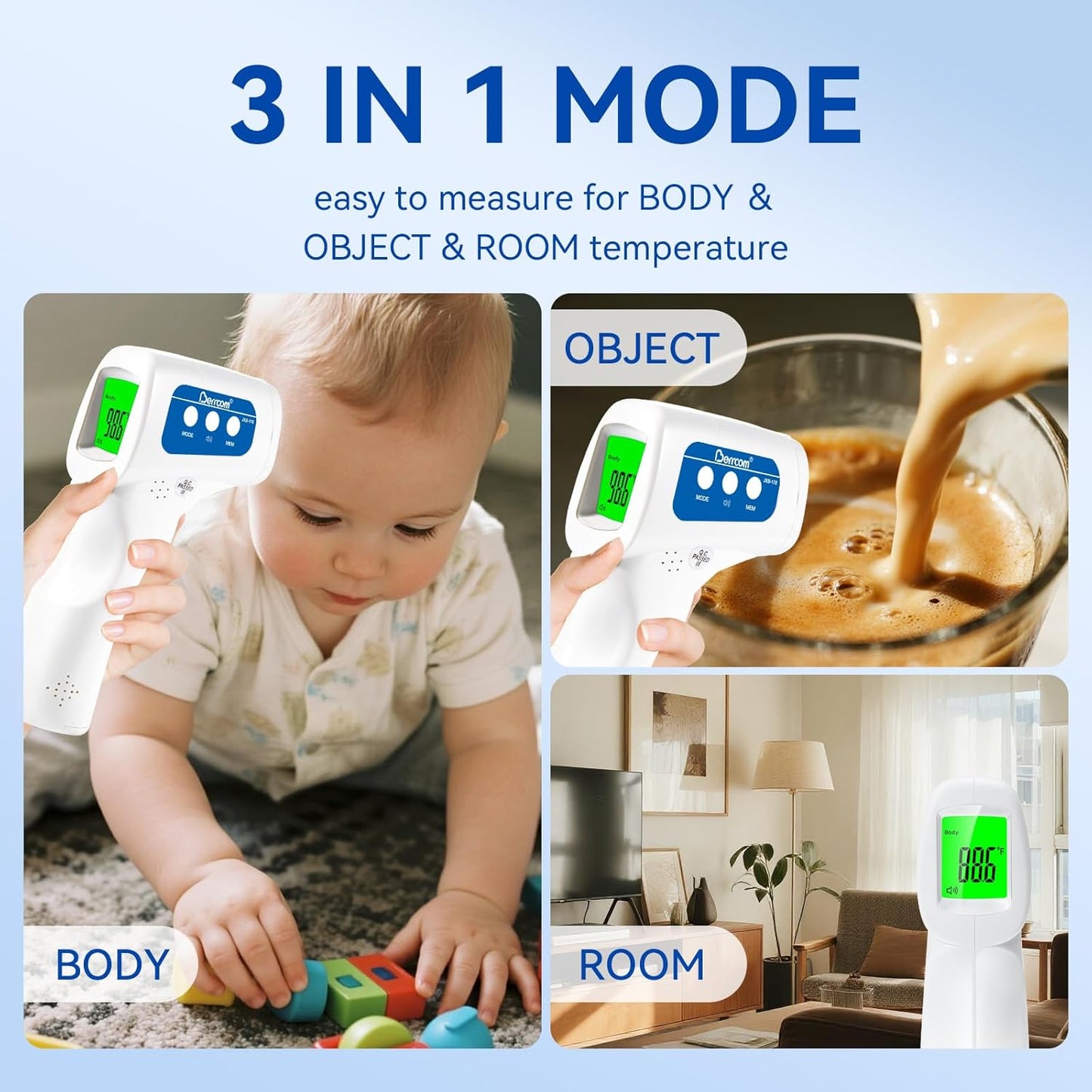 Berrcom Thermometer, 3 in 1 Contactless Infrared Fever Check Thermometer for Forehead, Ideal for Baby, Infant, Kids, and Adults, Batteries Not Included, JXB-178 (White)