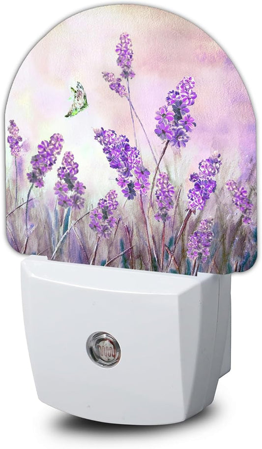 Lavander Flower Butterfly Night Light,Night Lights Plug into Wall with Dusk to Dawn Sensor,Lamp for Bedroom Bathroom Hallway Nightlight for Women Girls