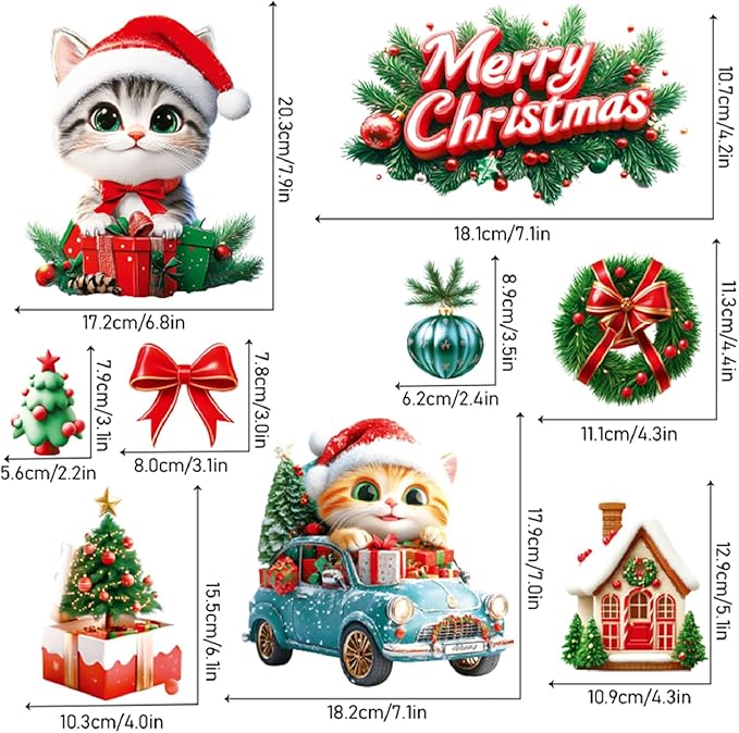 9 Sheets Christmas Cats Window Clings Reusable Kitty Animal Xmas Tree Window Decals Double Side Printed Window Stickers Glass Door Home Party Supplies Showcase Decoration