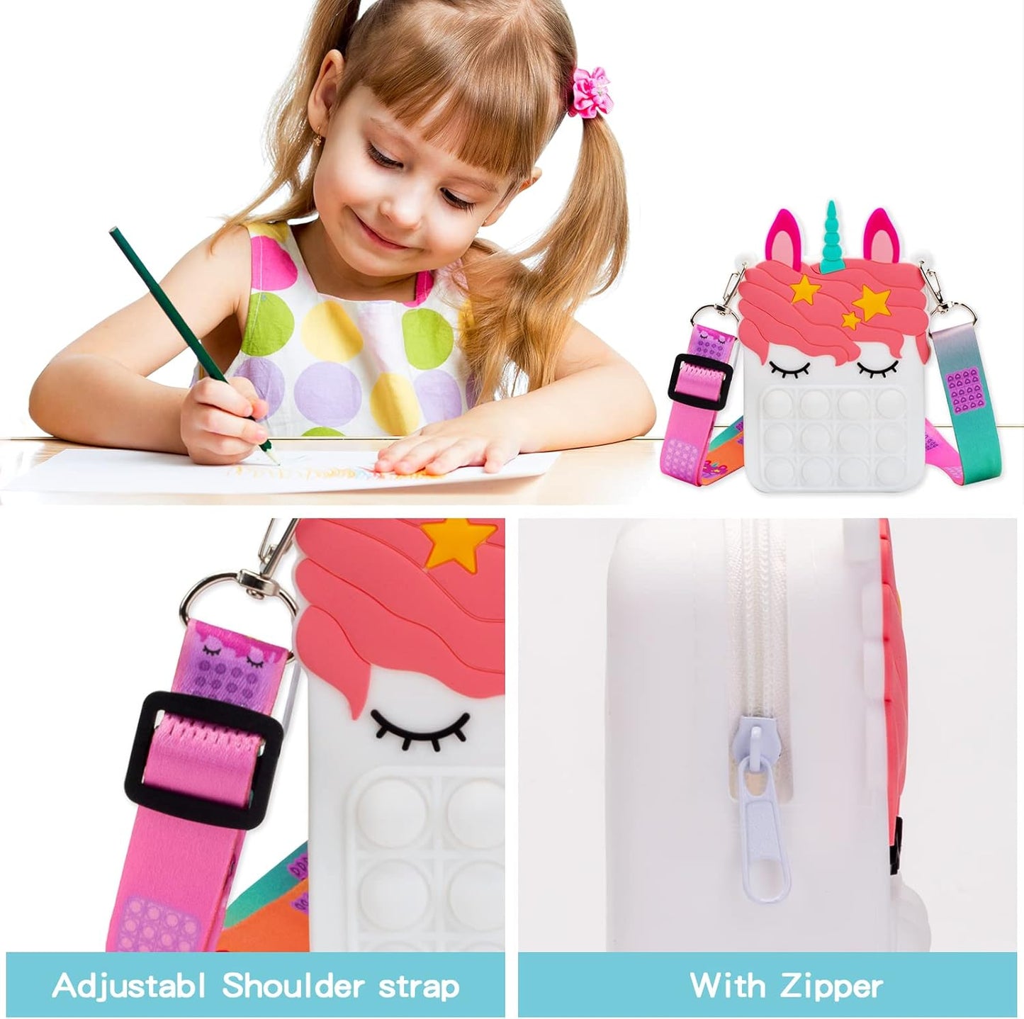 White Pop Purse for Girls Kids, Pop Fidget Toy Purse Bags, Fidget Purse, Girls Unicorn Purse Sensory Silicone Pop Fidget Backpack Toy Girls Handbag Shoulder Bag Party Xmas Favor Gift Unique