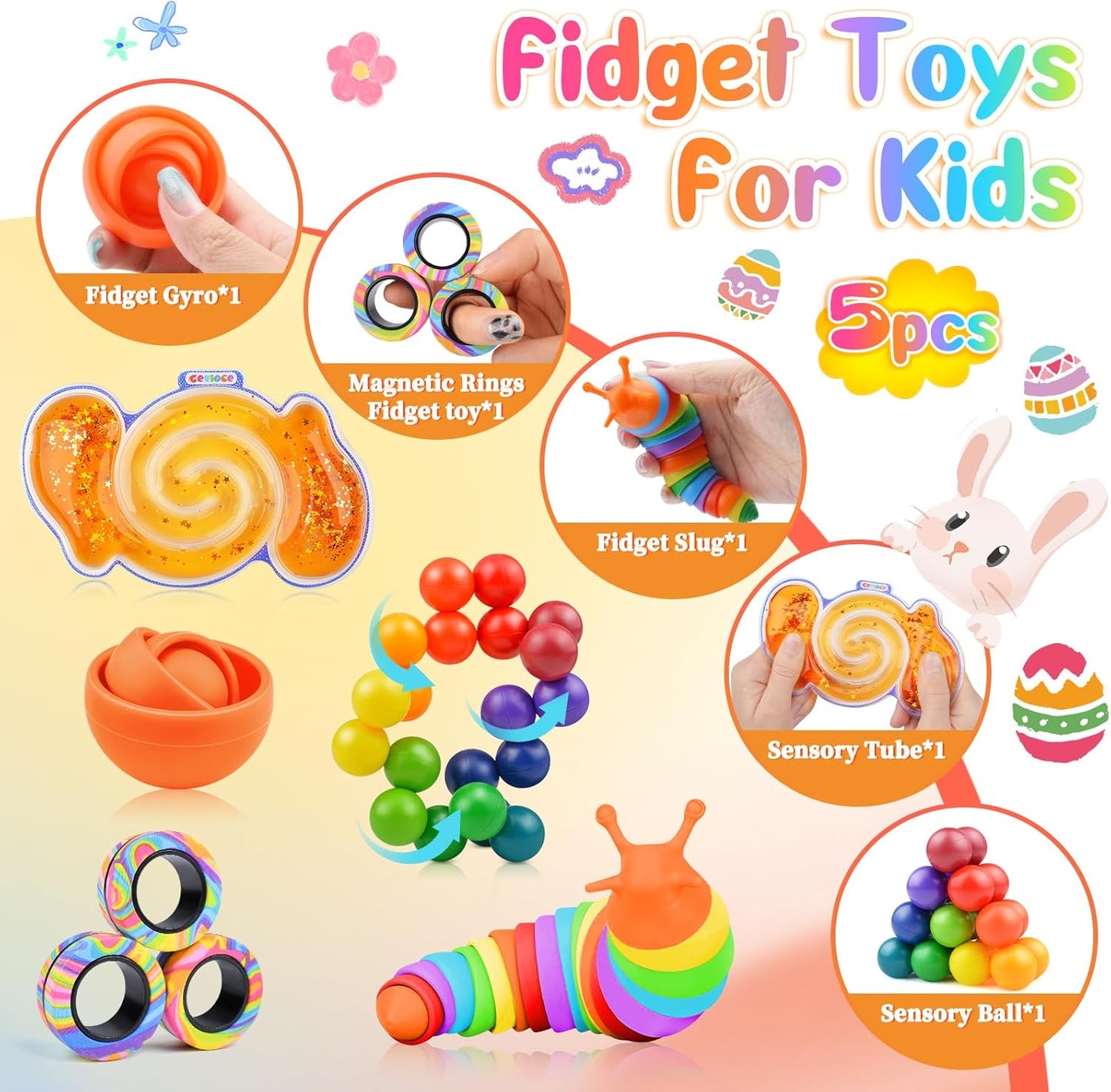 Cevioce 15Pcs Fidget Toys Adults Pack,Autism Sensory Toys with Fidget Spinner Slug Magnetic Rings,Squishy Figette Toys,Cool Gadget for Boys Teens ADHD Stress Relief,Basket Stuffer for Kids(BOG)