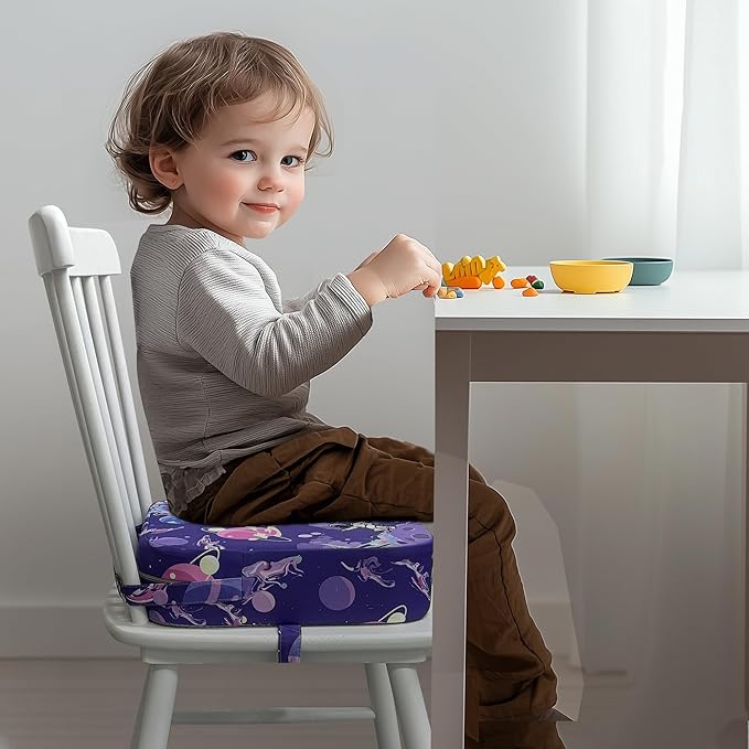 Toddler Booster Seat for Kitchen Chair, 3.5" Oxford Foam Cushion, Non-Slip Base, Adjustable Straps, Portable Dining Booster for Self-Feeding Toddlers at Home or on The Go (Purple Starry Sky)