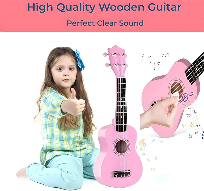 21 Inch Wooden Kids Toddler Child Children Acoustic Guitar Musical Instruments Ideal for 3-9 Year Old Boys Girls Gifts (Pink)