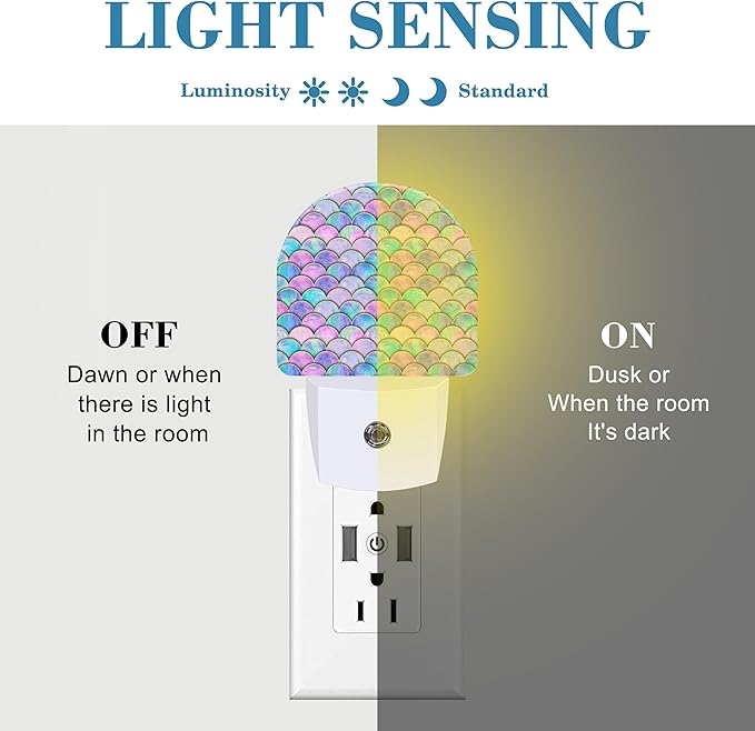 Night Light for Kids Girls Boys, Watercolor Mermaid Fish Scale Wave LED Night Light Plug into Wall with Dusk to Dawn Sensor for Room Decor, Hallway, Kitchen, Bathroom, Nursery, Stairs