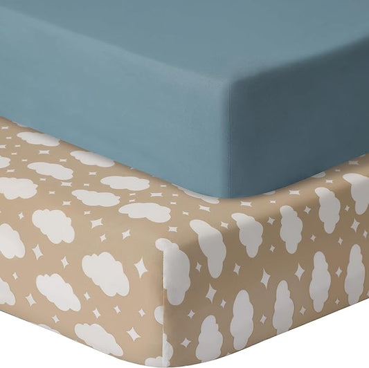 Pack and Play Sheets Fitted, 2 Pack Pack n Play Sheets for Graco Pack n Play Mattress, Unisex Playard Sheets for Boys Girls (Clouds & Dark Green)