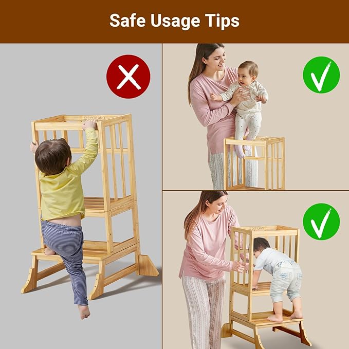 COSYLAND Toddler Step Stool Height Adjustable – Portable Kids Kitchen Stool Helper with Stabilizing Base Block – Toddler Standing Tower for Bathroom Kitchen Living Room Dining Room (Natural)