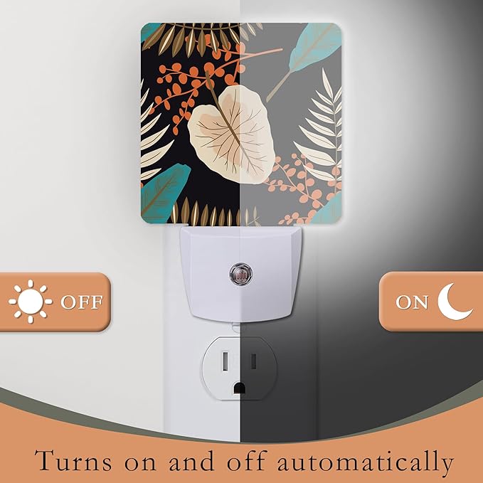 Tropical Leaves Night Light - Plug into Wall, Blue Orange and Black Flowers Night Light with Dusk to Dawn Sensor for Room Decor, Hallway, Kitchen, Bathroom