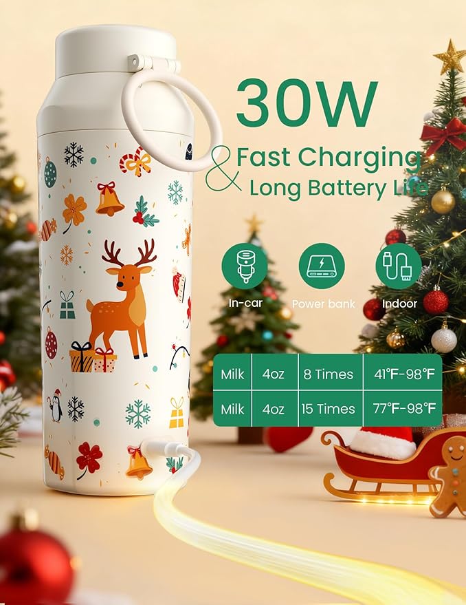 Paruu Portable Bottle Warmer for Travel, Easy-Clean Wide Mouth, Portable Milk Warmer with Fast Heating for Night Feeding, 7-Temp Control, Large 12oz Capacity, Christmas Limited Edition, Beige