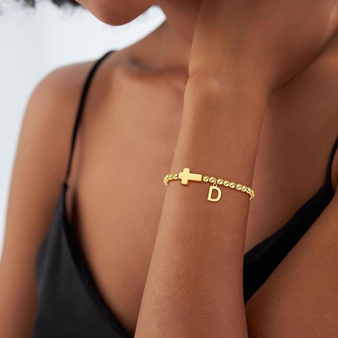 Gold Initial Bracelets for Women Girls - 18K Gold Plated Cross Initial Bracelet Dainty Beaded Bracelet Gold Bracelets for Women Teen Girl Gifts