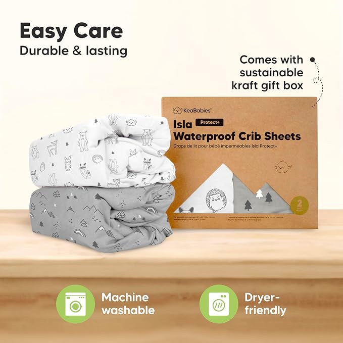 2-Pack Waterproof Baby Crib Sheets for Boys, Girls - 52x28 Viscose Derived from Bamboo Toddler Bed Sheet Neutral, Fitted Crib Mattress Protector Cover for Baby Bedding, Soft & Gentle (Woodland)