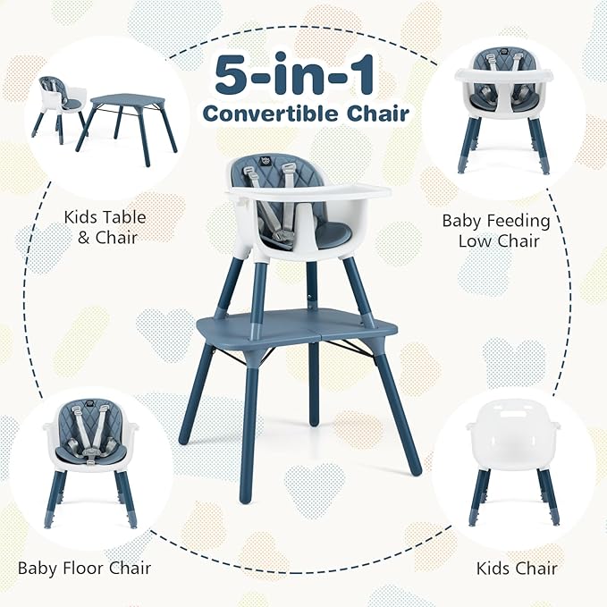 BABY JOY High Chair, 5 in 1 Convertible Highchair for Babies & Toddlers | Booster Seat | Table and Chair Set | Infant Feeding Chair with Removable Tray, Safety Harness, Removable Cushion (Blue)