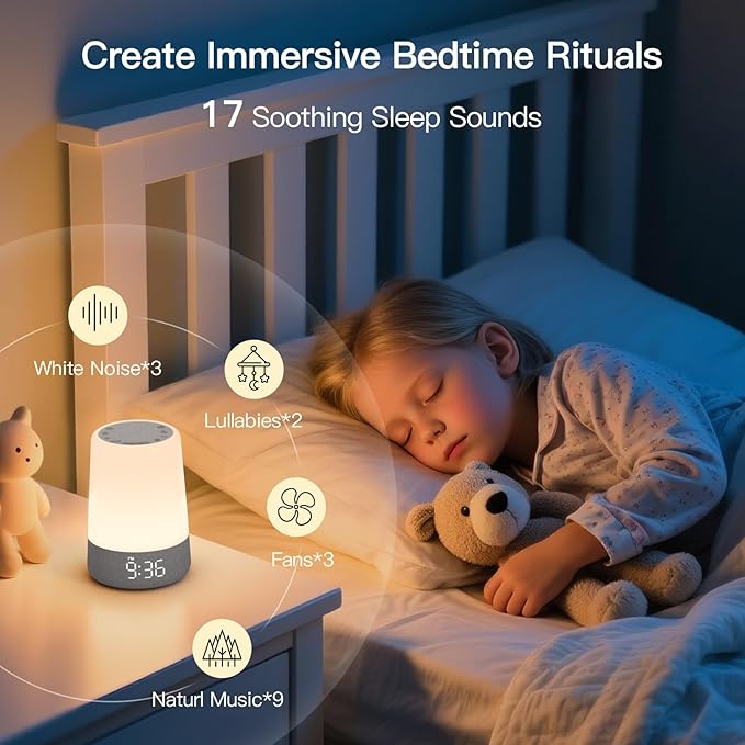 REACHER Sleep Trainer Alarm Clock for Kids, Night Light, White Noise Machine and OK to Wake Clock for Toddlers at Home or Travel, App-Free, Rechargeable