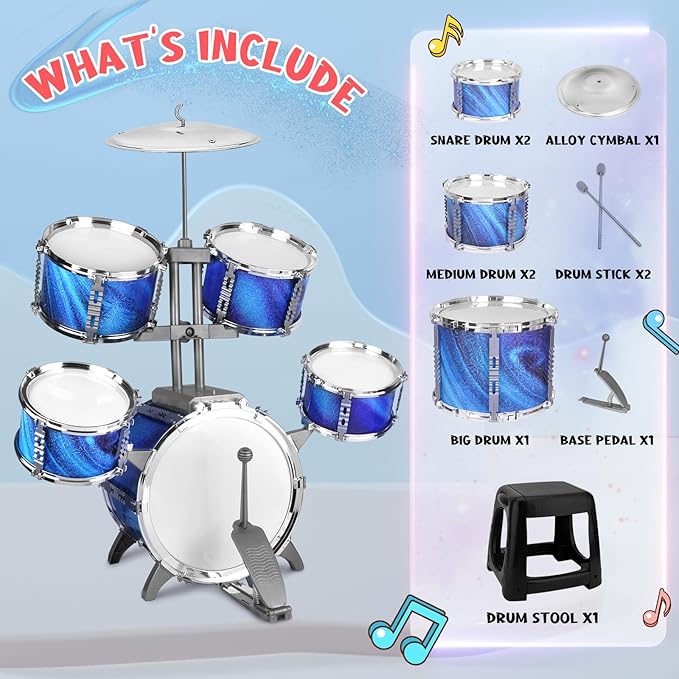 Kids Drum Set for Toddlers 1-3 Musical Jazz Drum with Stool Toys for 2-5 4-6 5-7 Boys Girls Birthday, Blue