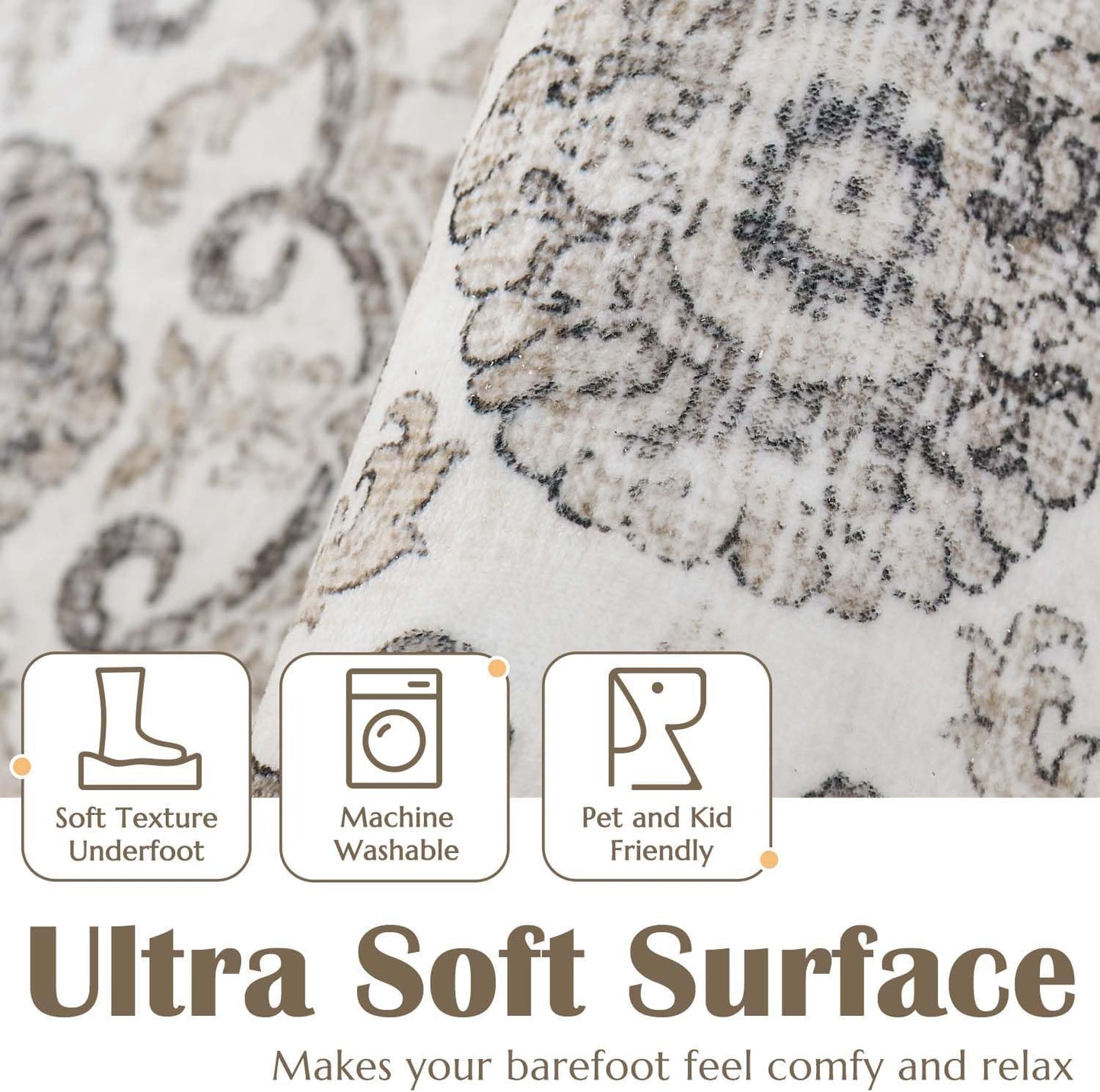 jinchan Floral Area Rugs 4x6 - Machine Washable Vintage Distressed Boho Design Throw Rug Stain Resistant Carpet Low Pile Ultra-Thin Non-Slip for Bedroom Living Room Dining Room Kitchen (4‘x6',Beige)