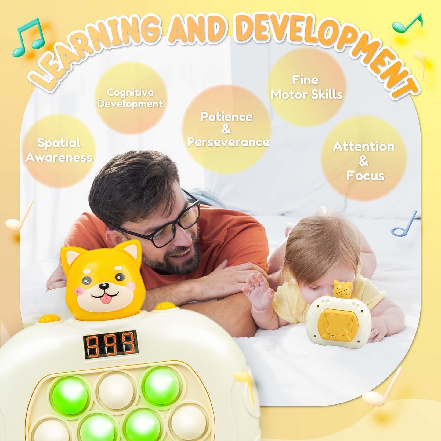 Marlo & Buzz Fast Push Game Toy with Popit Game Controller, Pop Fidget Animal with LED Screen - Sensory and Memory Console, Quick Bubble Light Toy, Pocket Games (Dog)