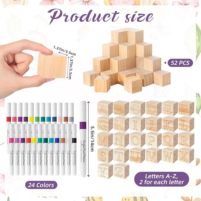 117 Pcs Baby Shower Blocks to Decorate Game Kit Includes 52 Wooden Blocks 24 Markers 1 Game Sign 40 Templates to Paint (Flower)