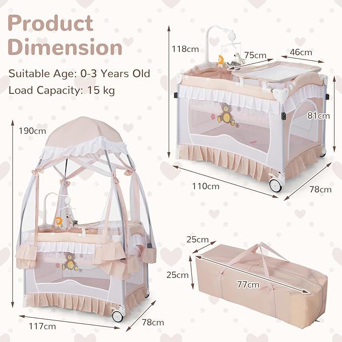 HONEY JOY 4-in-1 Pack and Play with Canopy, Portable Baby Playard w/Changing Table and Infant Bassinet Cute Toys & Music, Foldable Bassinet for Newborn and Toddler(Light Pink)