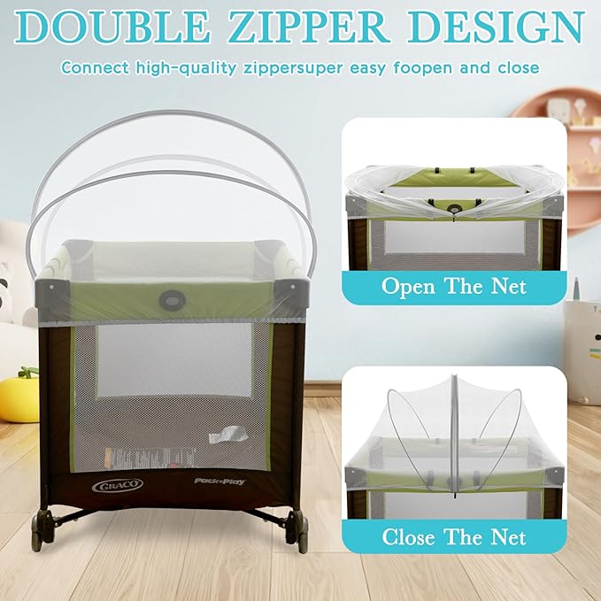 Pack N Play Tent Cover - Bassinet Cover for Pack N Play/Travel Crib/Mini Crib/Playpen, Bassinet Mosquito Net Cover with Two-Way Zippers (White-Large)