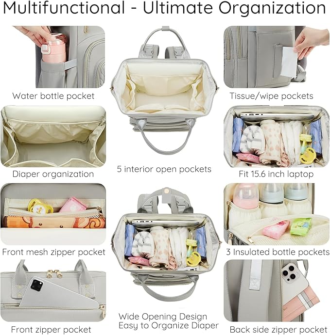 AIJIEKE Diaper Bag, Large Wide-Open Baby Diaper Backpack, Multi-functional Baby Travel Tote Bag, Diaper Bag with Changing Pad, Diaper Bags for Mom & Maternity (Grey)