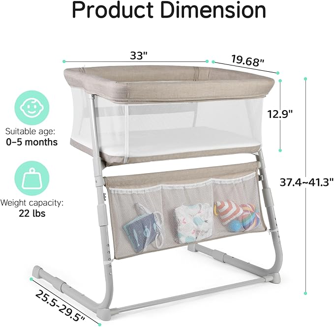 Cowiewie Bassinet Bedside Sleeper,Baby Bassinets Higher Place on Bed,5-Position Adjustment Baby Crib,Breathable 360°All-Around Mesh Sides Bedside Bassinet,Space-Saving Bedside Cribs, Beige